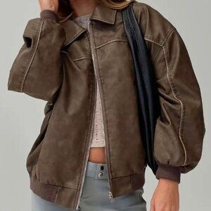 ✨NEW✨ Stylish Vegan Leather Zippered Moto Jacket - Khaki - Size M